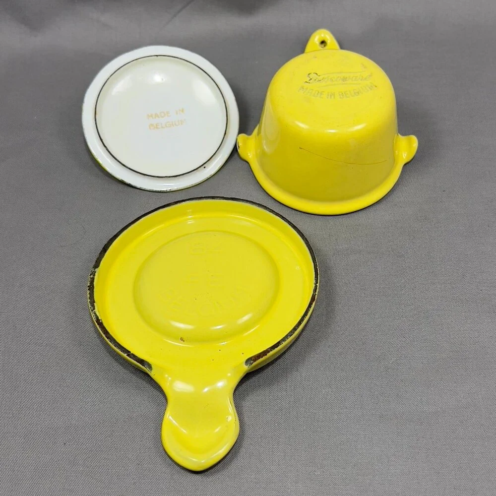 Vtg Descoware Butter Warmer Enamel Cast Iron Yellow Covered Dish Trivet Belgium
